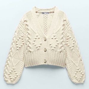 -Cable Knit Cardigan w/ Pearl Bejeweled Buttons